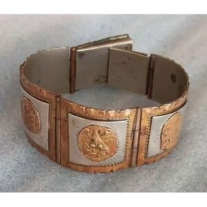 Vintage Mexico Sterling Silver Copper Panel Bracelet Mayan Calender Mixed Metal